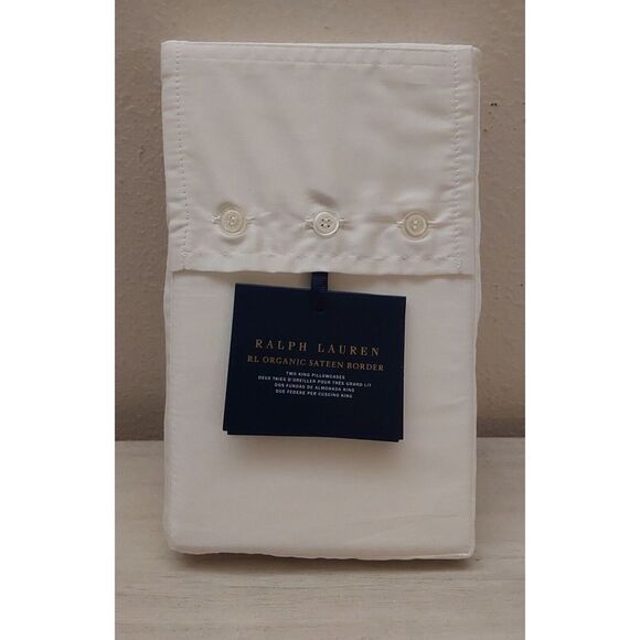 Ralph Lauren Organic Sateen Border 100% Cotton Two King Pillowcases PARCHMENT - Picture 1 of 8